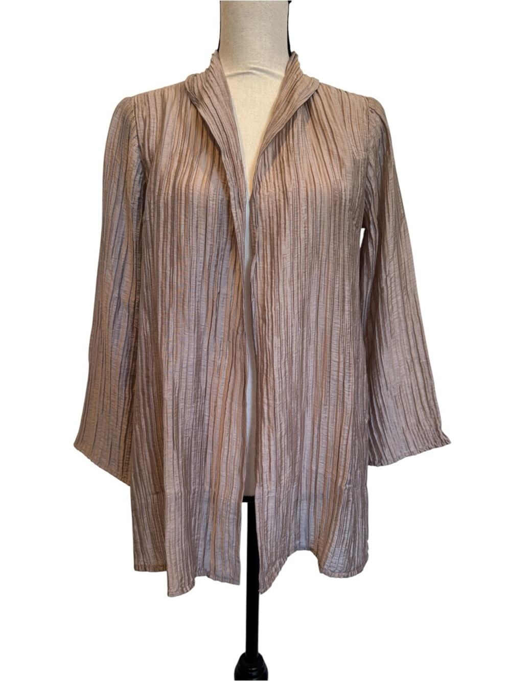 Eileen Fisher Crinkled Pleated Open-Front High Collar Jacket Shimmer Tan XXS NWT